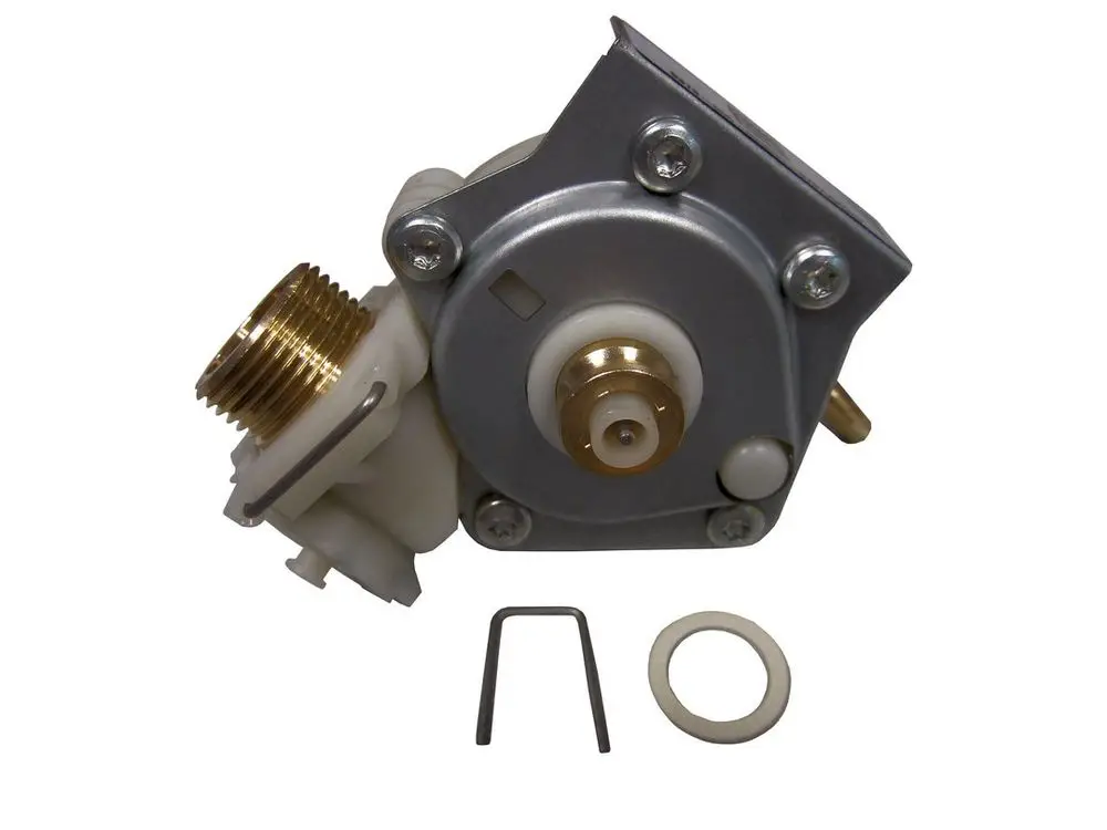 BOSCH Wasserarmatur mit ovaler Membran, ausgestattet mit Anschlussgewinde und zusätzlichem Zubehör. Sichtbare Teile in metallischer und weißer Farbgebung.